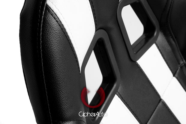 CPA1026 BLACK LEATHERETTE WITH WHITE STRIPES CIPHER AUTO RACING SEATS - PAIR