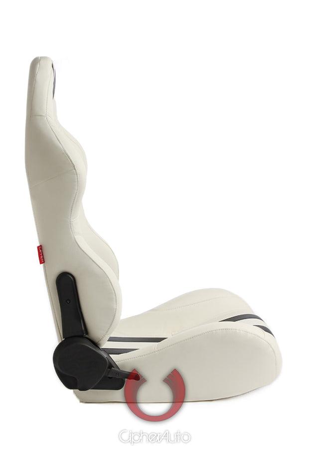 CPA1026 WHITE LEATHERETTE WITH BLACK STRIPES CIPHER AUTO RACING SEATS - PAIR