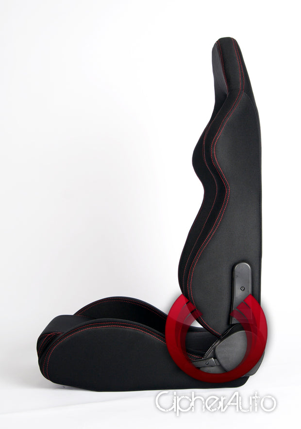 CPA1016 BLACK CLOTH W/ OUTER RED STITCHING CIPHER AUTO RACING SEATS - PAIR