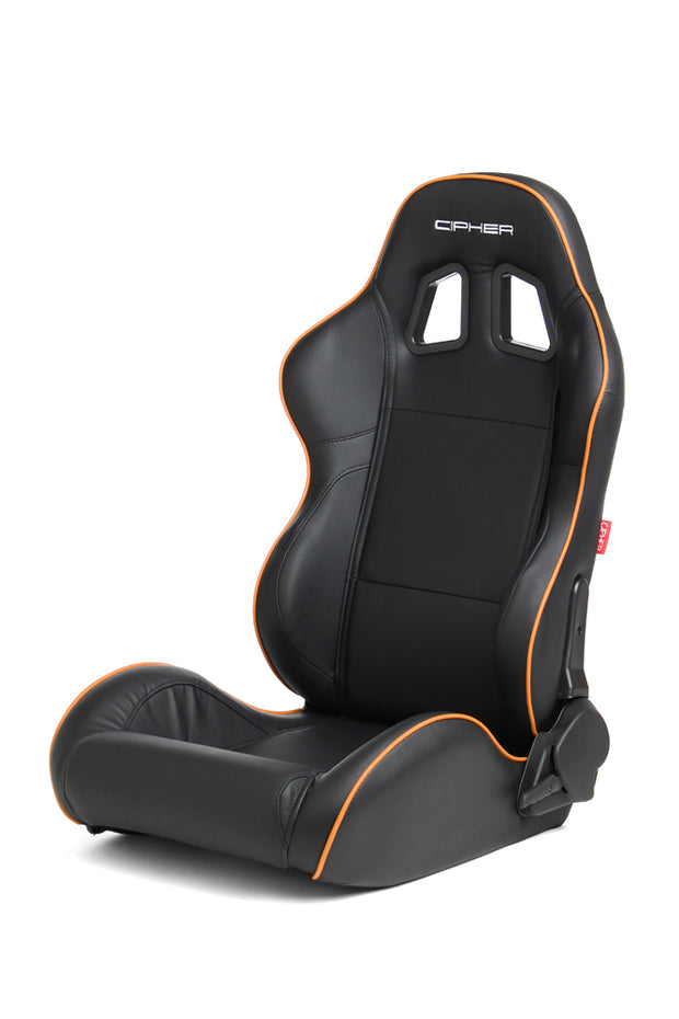 CPA1031 BLACK LEATHERETTE WITH ORANGE ACCENT PIPING CIPHER AUTO RACING SEATS - PAIR
