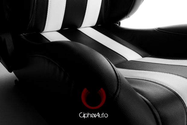 CPA1026 BLACK LEATHERETTE WITH WHITE STRIPES CIPHER AUTO RACING SEATS - PAIR