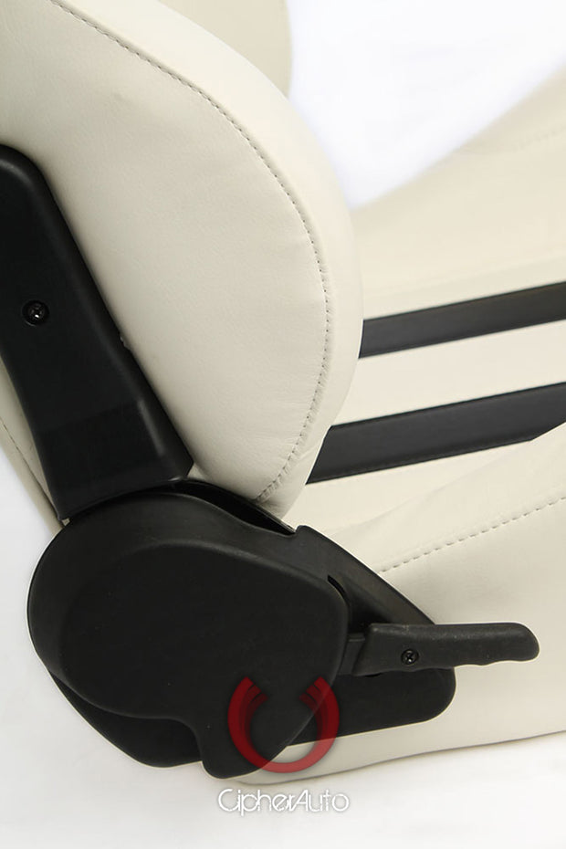 CPA1026 WHITE LEATHERETTE WITH BLACK STRIPES CIPHER AUTO RACING SEATS - PAIR