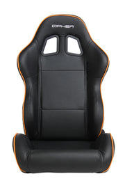 CPA1031 BLACK LEATHERETTE WITH ORANGE ACCENT PIPING CIPHER AUTO RACING SEATS - PAIR