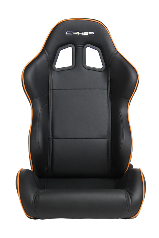 CPA1031 BLACK LEATHERETTE WITH ORANGE ACCENT PIPING CIPHER AUTO RACING SEATS - PAIR
