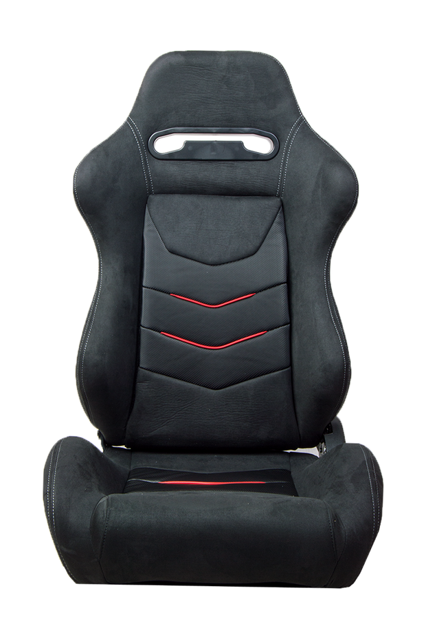 CPA1075 Black Micro Suede With CF PU Leatherette inserts W/ Red Accents Universal Racing Seats - Pair (NEW!)