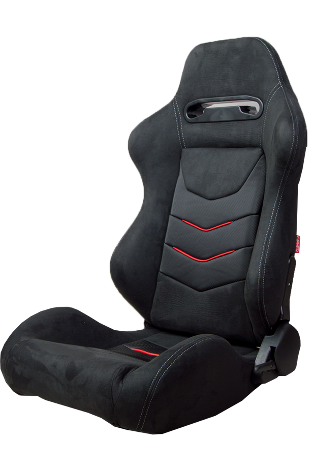 CPA1075 Black Micro Suede With CF PU Leatherette inserts W/ Red Accents Universal Racing Seats - Pair (NEW!)