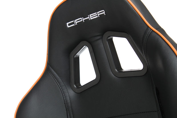 CPA1031 BLACK LEATHERETTE WITH ORANGE ACCENT PIPING CIPHER AUTO RACING SEATS - PAIR