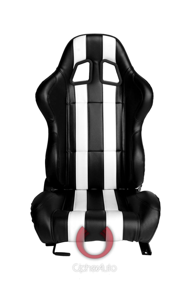 CPA1026 BLACK LEATHERETTE WITH WHITE STRIPES CIPHER AUTO RACING SEATS - PAIR