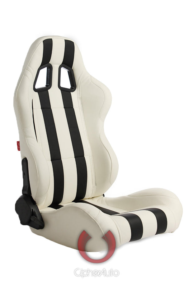 CPA1026 WHITE LEATHERETTE WITH BLACK STRIPES CIPHER AUTO RACING SEATS - PAIR