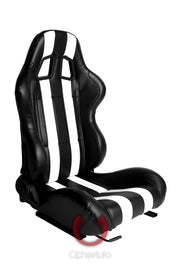 CPA1026 BLACK LEATHERETTE WITH WHITE STRIPES CIPHER AUTO RACING SEATS - PAIR
